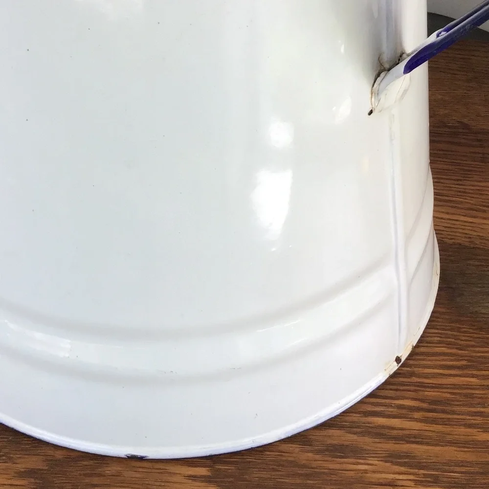 Vintage Enamel White & Blue Coffee Pot & Lid Kettle Enamelware Rustic Antique